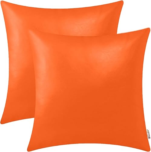 BRAWARM Fundas de almohada de piel sintética de 20 x 20 pulgadas, fundas de almohada de cuero color naranja, fundas de almohada de cuero teñido
