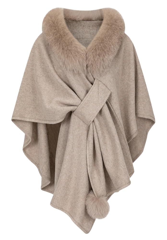 Womens Faux Fur Collar Poncho Cape Warm Winter Open Front Cardigan Elegant Oversized Shawl Wrap