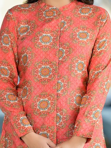 Image of Juniper Orange Ethnic Motif Printed Viscose Tunic with Buttons Detailing