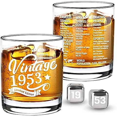 Old Fashioned Glasses-1953-Vintage 1953 Old Time Information 10.25oz Whiskey Rocks Glass -70th Birthday Aged to Perfection - 70 Years Old Gifts Bourbon Scotch Lowball Old Fashioned-1PACK Cover