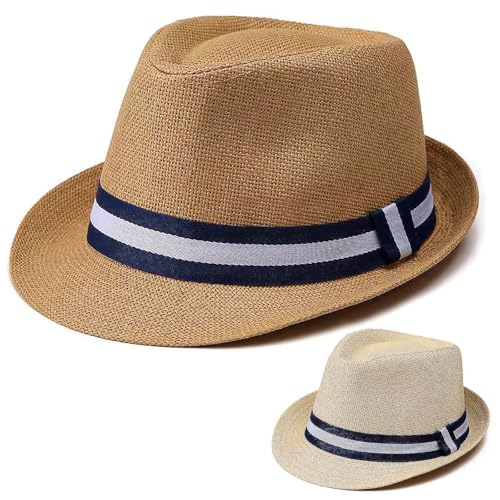 Image of 2 Pack Straw Fedora Hats for Men and Women, Short Brim Summer Beach hat, Trilby Panama Sun Hats.