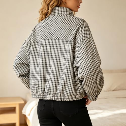 Plaid Bomber Jacket Women Stand Collar Zip Up Coat Casual Long Sleeve Outerwear With Pockets - image 4