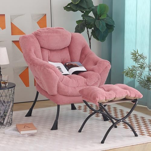 Image of Tiita Lazy Chair with Ottoman, Pink Modern Large Accent Armchair, Comfy Leisure Sofa Reading Chair with Footrest for Bedroom, Living Room, Dorm Rooms, Garden, Plush Dark Pink