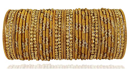 Image of NMII Golden Color Silk Thread & Glass Bangles Set For Girls & Women (Golden,2.2)