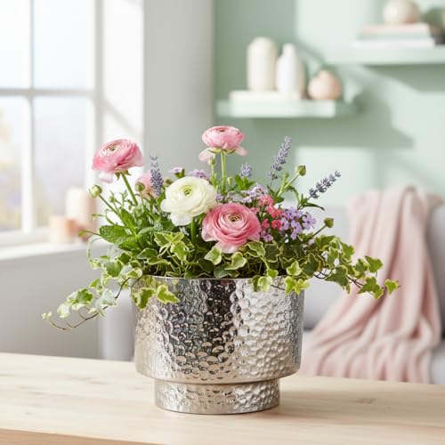 Image of Xtore Striking Textured Ceramic Planter Pot | Sculpted Metallic Silver Finish with Contemporary Appeal for Living Room, Desk & Tabletop Decor (Pack of 1,Planter Only)