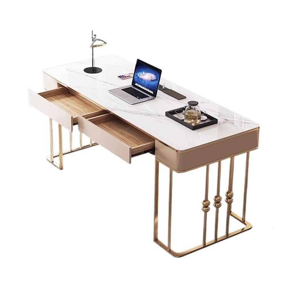 IUokLU Computer Desk Modern Laptop PC Desk, White & Gold Study Writing Desk, Makeup Vanity Table with Outlets (120cm)