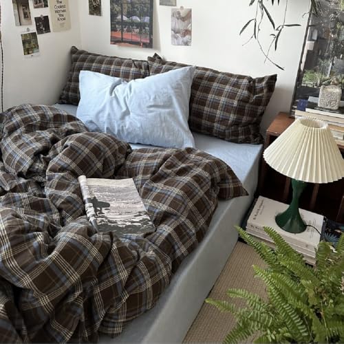 Image of Gingham Duvet Cover Set King Size Brown Blue Bedding Set for Girls Boys,Vintage Buffalo Plaid Duvet Comforter Cover with Grid Pattern with Zipper Closure and 2 Pillowcases