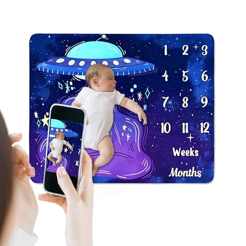 Image of UFO Baby Monthly Milestone Blanket, 48x40in Soft Flannel, Alien Round Spaceship, Newborn Mom Gifts, Baby Shower Age Growth Tracker with Bonus Maker (Purple Blue, 48x40in)