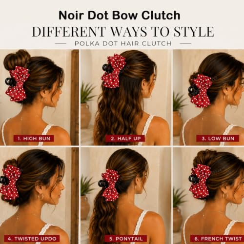 Image of Young & Forever Oversized Polka Dot Bow Hair Claw Clip for Women & Girls - Stylish Red & White French Barrette Hair Accessory for Long & Thick Hair - Elegant Retro Party & Casual Hair Clip