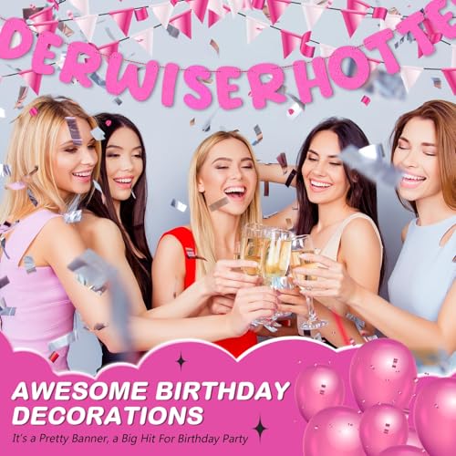 Image of Fulmoon Set of 3 Pre Strung Older Wiser Hotter Glitter Banner Funny Birthday Banner for Women 30th 40th 50th 60th 70th 80th Birthday Party Decorations Sign Gift(Light Pink)