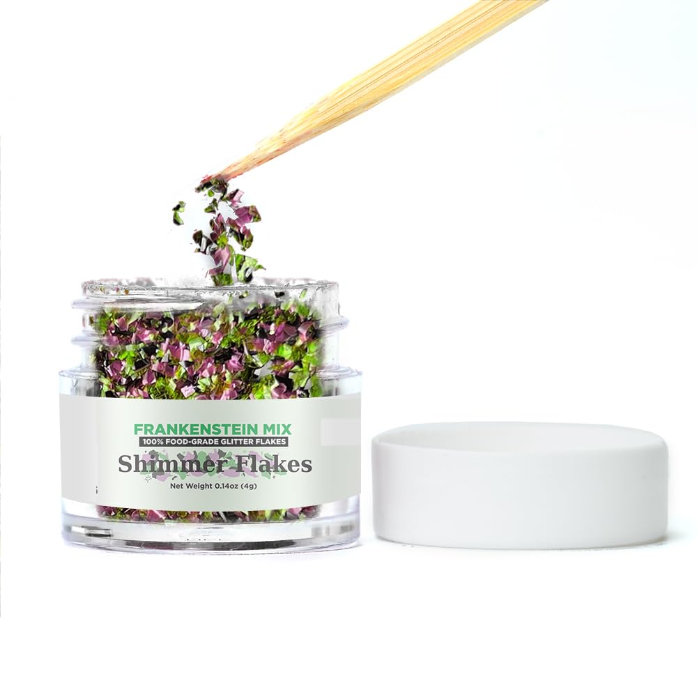Bakell Shimmer Flakes - Frankenstein Mix (4g 1x Jar) | Green, Purple, and Black Food-Grade Edible Glitter Flakes for Cakes, Cupcakes, Confections, &