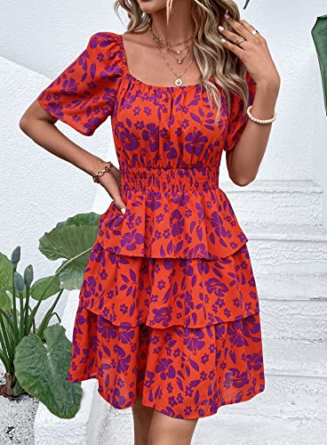 Image of PRETTYGARDEN Women's Summer Floral Ruffle Short Dress | Short Sleeve Square Neck, Flowy Tiered Hem, Fit and Flare, Flower Boho Dresses, Cute Beach Vacation Outfits, Fashion Clothing