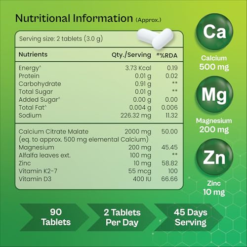 Image of TATA 1mg Veg Calcium & Vitamin D3 supplement with Zinc, Magnesium & Alfalfa | High absorption Citrate Malate form | 500mg Calcium & 400IU Vitamin D3 | For strong bones & joints | 90 veg tablets