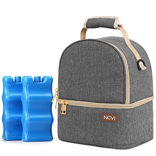 Image of NCVI Breastmilk Cooler Bag with 2 Ice Pack, Breast Pump Bag with Cooler Fits 6 Bottles, Double Layer Breast Milk Baby Bottle Cooler Bag, for Travel, Nursing Mom Daycare, Work, Picnic (Grey)