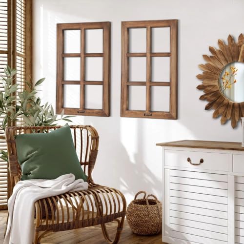 Image of LOSOUR 24x40in Wood Window Frame Wall Art, Vintage Rustic Wall Decor, Farmhouse Windowpane Decor, Decorative Wall Sculptures for Living Room, Bedroom, Entryway, Hallway(2, Brown-no glass, 40 inchL x 24 inchW)