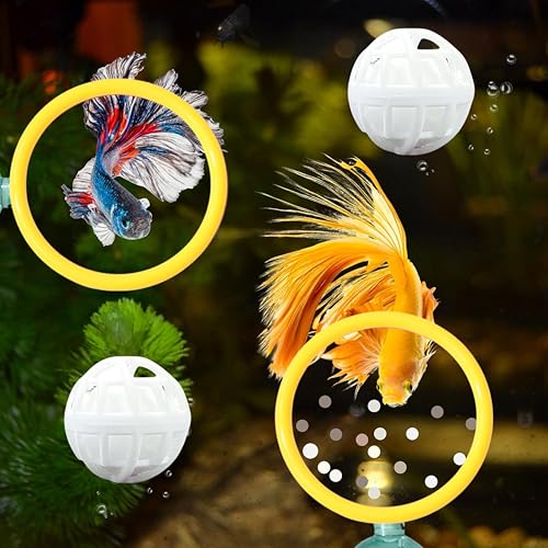 Image of Betta Fish Enrichment Toys Ring and Filter Balls set, Fishes Ring Enrichment Toy and Tank Cleaner Ball, Aquarium Feeding Rings with Nitrifying Balls, Betta Fish Tank Accessories (Yellow, 6.4cm)