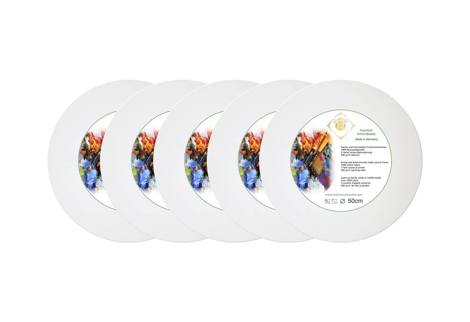 5er Set (5Stück) Keilrahmen Leinwand rund 50cm aus Fichtenholz bespannt mit 380 g/m² Baumwolle Gewebe grundiert - Made in Germany