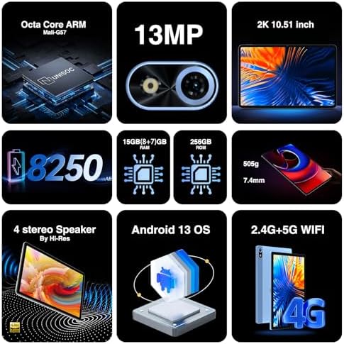 DOOGEE T10 Plus Tablets 10 Inch Android, 20GB + 256GB/1TB TF, 10.51 Inch 2K Tablet, 8250mAh Battery, 4G Android 13 Tablet, 13MP Camera | Widevine L1 | Face Unlock | OTG | 5G+2.4G WiFi | GPS - Black