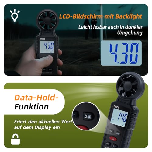 Tolesum 3 in 1 Digitaler Windmesser,Anemometer Handheld mit Messung der Windgeschwindigkeit, Temperatur,Windchill Wind Speed Meter Gauge für Surfen/Drohne/HAVC/Segeln
