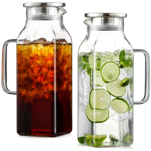 Comparison: Best Iced Tea Pitcher 7 Netany 2 Pack 2 Liters/68 oz Square Glass Pitcher with Lid and Handle for Fridge, Iced Tea and Coffee Carafe Beverage Serveware, Heat Resistant Borosilicate Water Jug for Hot/Cold Drinks and Milk
