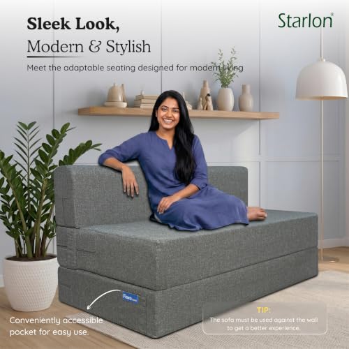 Image of Starlon 2 Seater Foldable Sofa Cum Bed 3-in-1 with 2 Geometrical Pattern Pillows, Washable Jute Fabric Cover, Space Saving Guest Bed, Pre-Assembled Ash Gray 4x6 Ft
