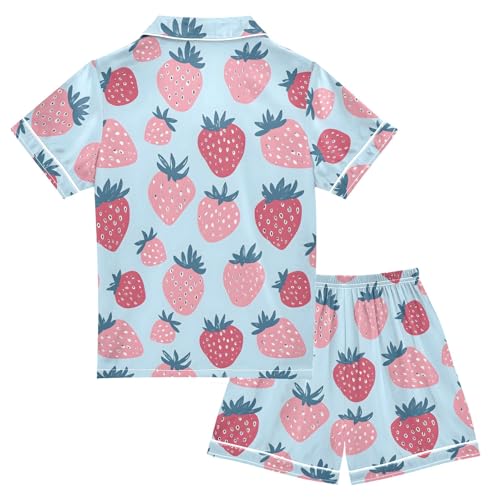 Strawberry Designs Pattern Summer Satin Pajama Set, Cute Button-Down Sleepwear Pj Set for Sleep Wears2