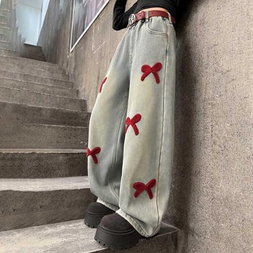 Jeans with Bows,Baggy Jeans for Girls 10-12,Cute Wide Leg High Waisted Teen Clothes Casual Y2k Streetwear with Pockets2