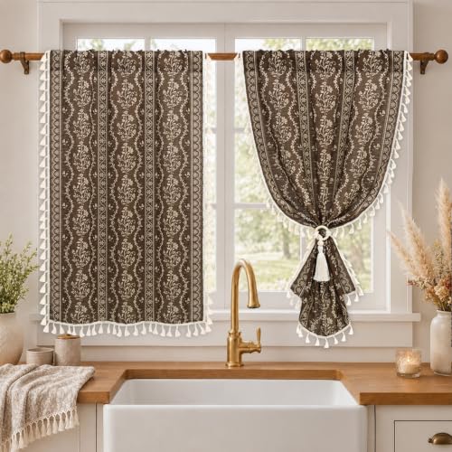 Image of Yinhua Boho Kitchen Curtains 36 Inch Length Vintage Linen Cafe Curtains Light Filtering Bohemian Floral Tier Rod Pocket Farmhouse Rustic Tassel Small Drapes with Tiebacks, 2 Panels, Brown