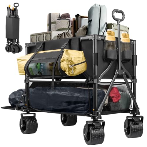 UNITON Double Decker Wagon 600lb Capacity & 400L Collapsible Sports Wagon with Big Wheels 54 Extended Utility Folding Cart for Camping Fishing & Outdoor Use