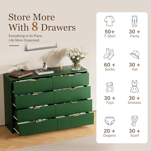 Image of Furniway Green Dresser for Bedroom, Modern Dresser with 8 Drawers and Smooth Slides, Wide Chest of Drawers with Golden Handles for Bedroom, Closet, 15.7 inch D x 55 inch W x 37.4 inch H