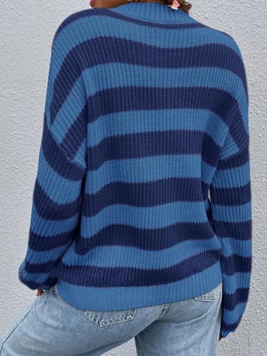 Image of SOLY HUX Women's Color Block Striped Knit Tops Casual Long Sleeve Drop Shoulder Sweater Pullovers