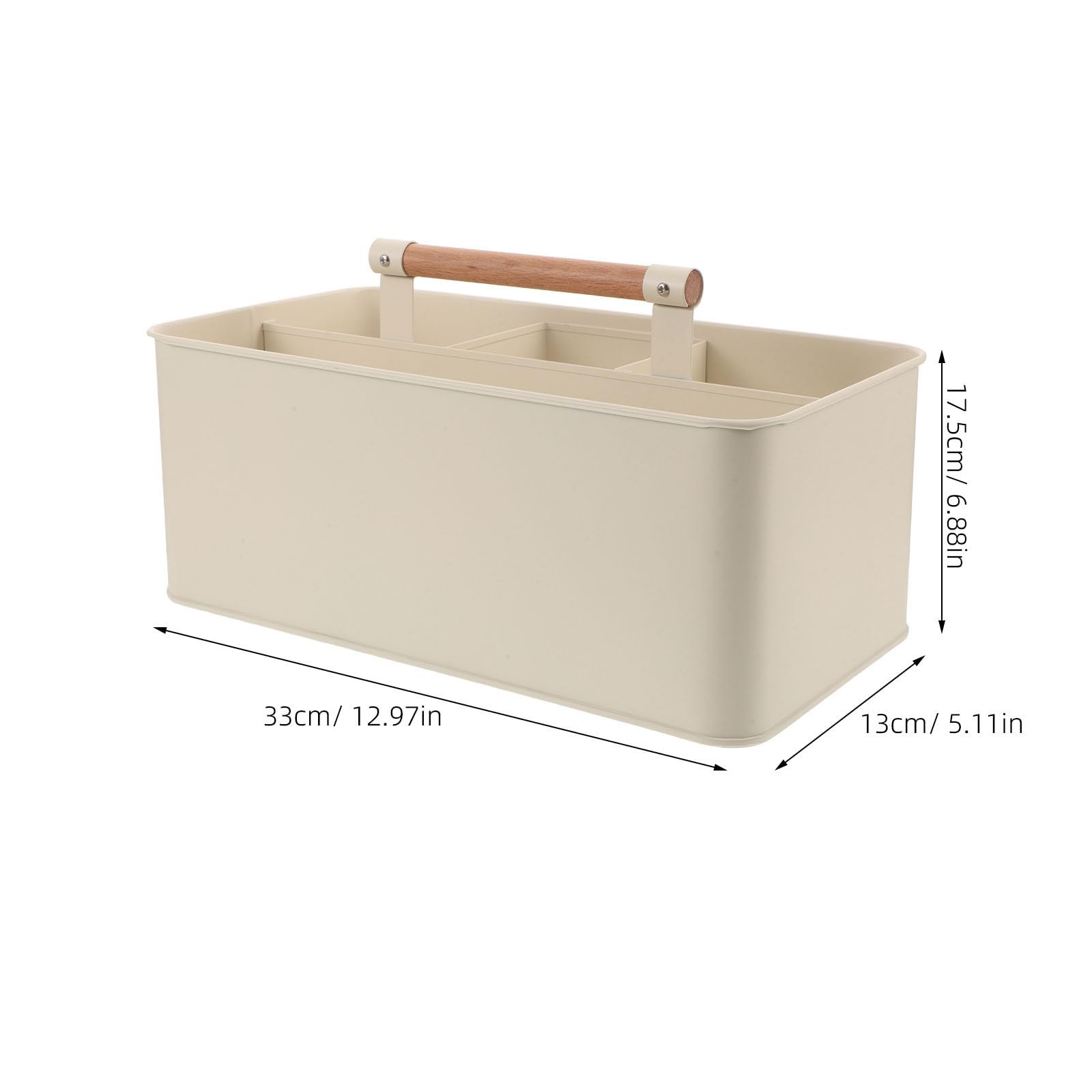 Cesta Organizadora de Herramientas de Jardinería Cesta Metálica Beige con 4 Compartimentos y Mango de Madera de 33x17.5x13 Cm para Plantación Interior y Exterior