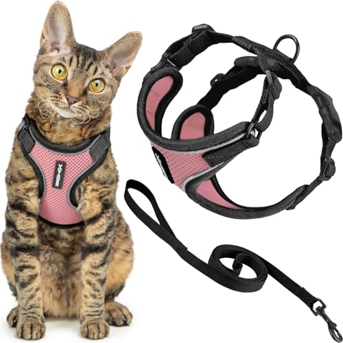Image of Voyager Escape-Proof Step-in Lock Cat Harness & 5ft Neoprene-Handle Leash Set All-Weather Mesh with Reflective Stitching for Small to Large Cats by Best Pet Supplies, Black Trim-Pink (327), XXXS