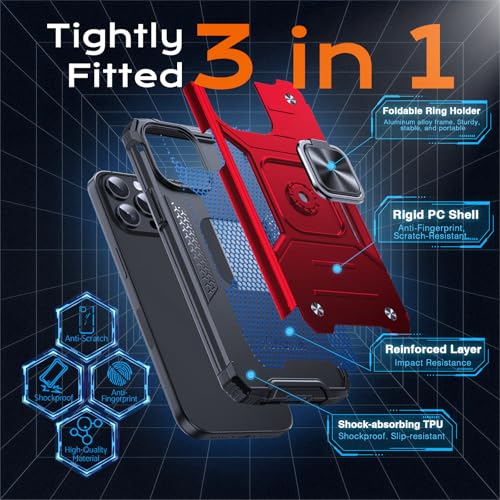 Image of Anqrp Heavy Duty Case for iPhone 15 Pro Case with Enhanced Ring Holder Grip Stand, Military Grade Shockproof Rugged Drop Protective Silicone Hard Slim iPhone 15 Pro Phone Case Cover,Corail Red