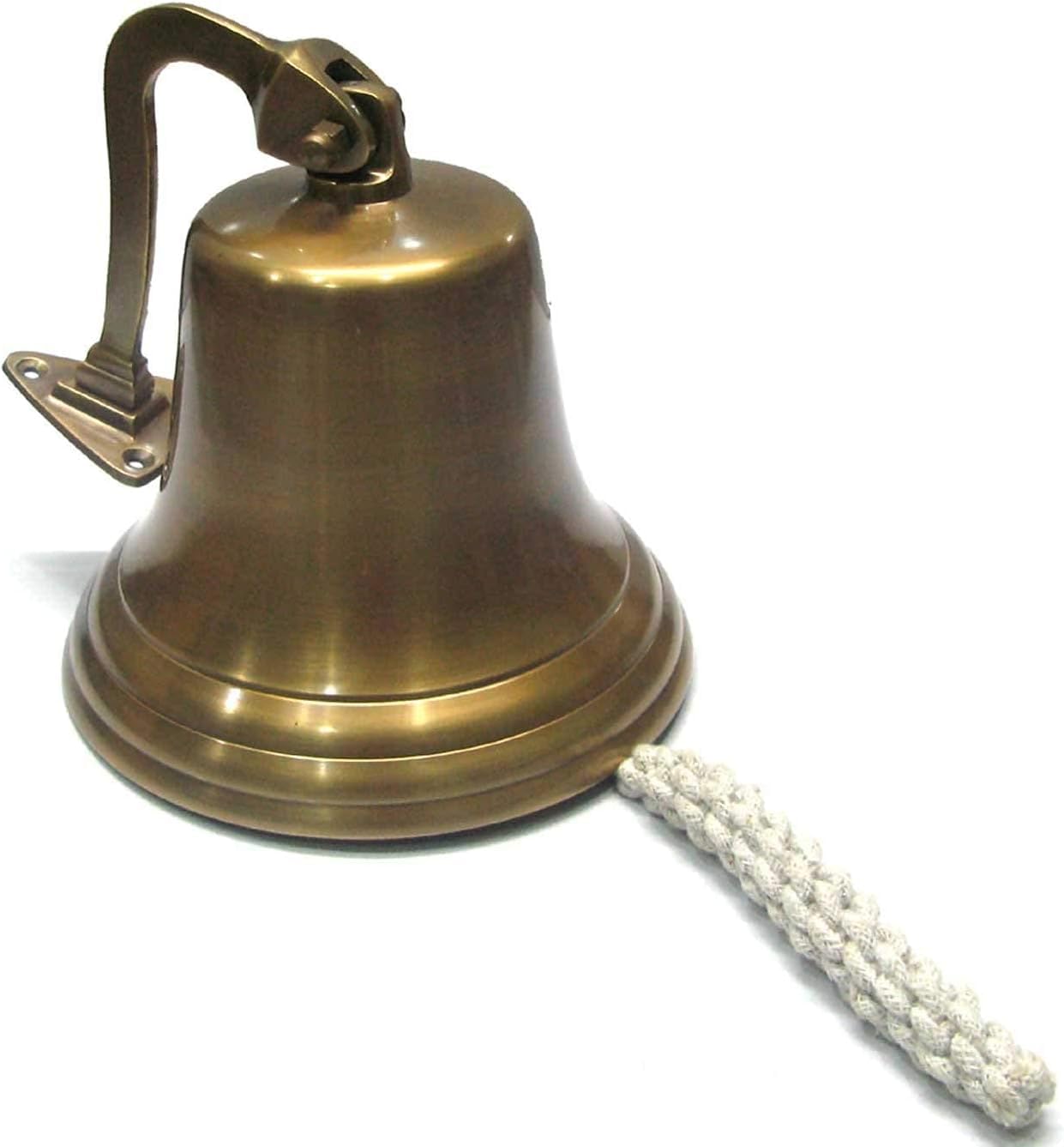Campana de pared de latón antiguo, campana decorativa grande con soporte de montaje y tirador de cuerda, acabado de bronce