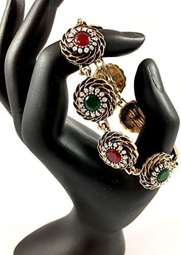 Turkish Vintage Inspired Bohemian Ethnic Red/Green Stones Carved Statement Bracelet