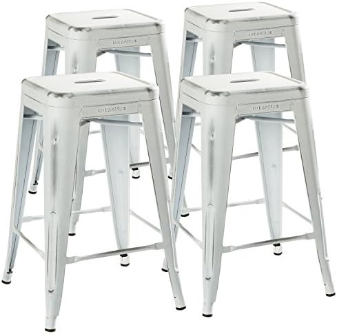 24” Stool Set of 4 by Distressed White Rustic Bar Stools -Counter Height Stools 330lb Capacity Metal Stool Chair – Stackable Indoor/Outdoor Bar Stools for Kitchen Counter and Island