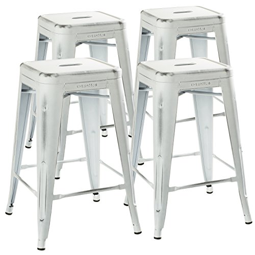 UrbanMod 24” Stool Set of 4 by Distressed White Rustic Bar Stools -Counter Height Stools 330lb Capacity Metal Stool Chair – Stackable Indoor/Outdoor Bar Stools for Kitchen Counter and Island