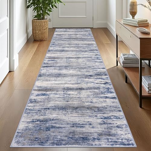 KOZYFLY Modern Abstract Washable Rug Runner 2.6x10 Hallway Rug Runner Non-Slip Soft Kitchen Runner Rugs, Distressed Grey-Blue Striped Carpet for Entryway Bathroom Laundry Room Foyer