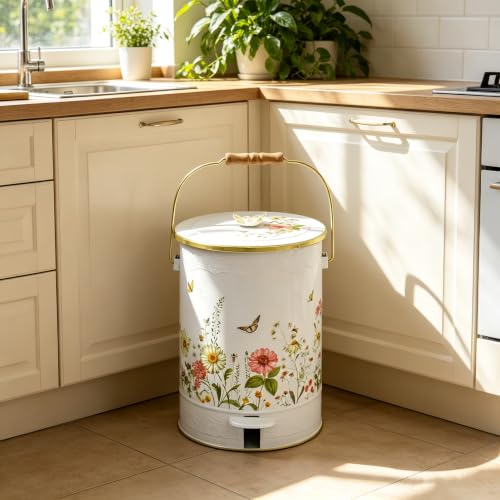 Image of White Floral Metal Step Trash Can with Lid, 8L Vintage Butterfly & Wildflower Decorative Waste Basket with Handles for Bathroom, Bedroom, Kitchen, 14.57 inch x 9.84 inch