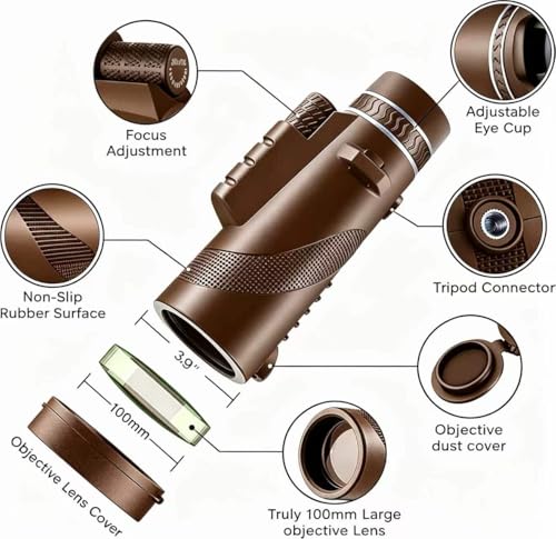 Image of Monocular-Telescope 80x100 High Powered Monoculars High Definition for Adults High Powered with Smartphone Adapter Telescope Hunting Wildlife Bird Watching Travel Camping Hiking-Brown