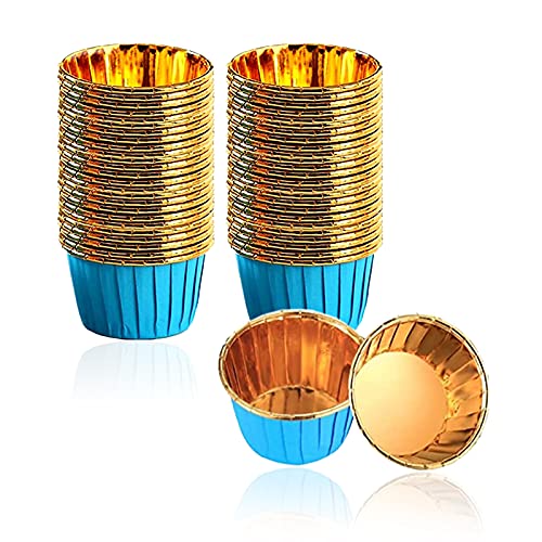 Papier Muffinförmchen, 50 Stück Cupcake Backbecher Förmchen, Einweg Gold Aluminiumfolie Papierbackförmchen Liner Blau für Muffin Kuchen Pudding Dessert Party Hochzeiten Geburtstag Dekor Cover