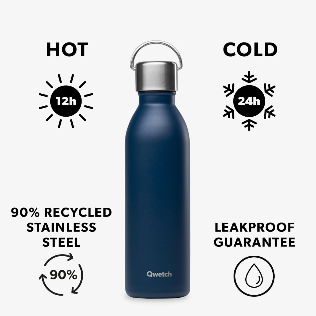 Qwetch - Active Insulated Bottle Navy Blue 600ml - Stainless Steel Recycled Handle Flask - 24h Cold & 12h Hot - Leakproof & Compact - Image 2