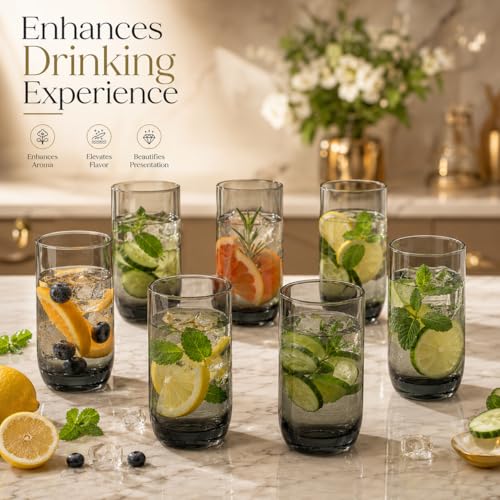 Image of bellemax 250 ML Premium Juice Glasses Drinking Glasses,Highball Lead-Free Glasses,Tumblers for Water,Juice,Beer,Cocktail and Mixed Drinks - 6 Pieces,Transparent (BM- 15)