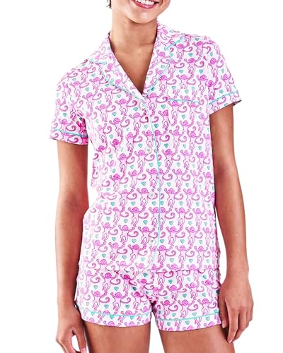 Image of Womens Pajamas Set Trendy 2 Piece Button Down Monkey Bunny Beach Shorts Set Y2k Preppy Loungewear Pjs for Gift Party(Lovely Monkey, Small)