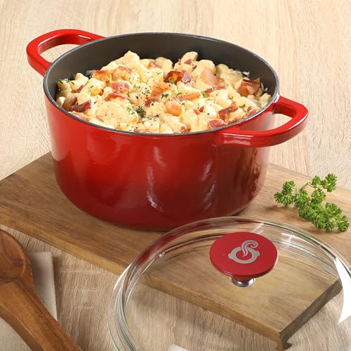 Image of Crock Pot Artisan 3-Quart Round Cast Iron Dutch Oven With Oven Safe Borasilicate Lid - Red