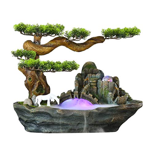 Indoor fountain Zen Indoor Fountain Indoor 2-Tier Water Fountain and Resin Pine Tree Decorative Fountain Desktop Tabletop Decorative with Submersible Pump Desktop waterfall (Color : C)