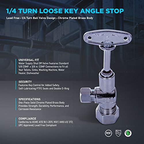 Image of Midline Valve 91358QS-OM-5 Water Supply Stop Valve with Quarter Turn Control Key; Angle Shut-off for Toilet, Sink, Dishwasher; 5 /8'' x 3 /8'' Compression; Chrome Plated Brass (5 PK)
