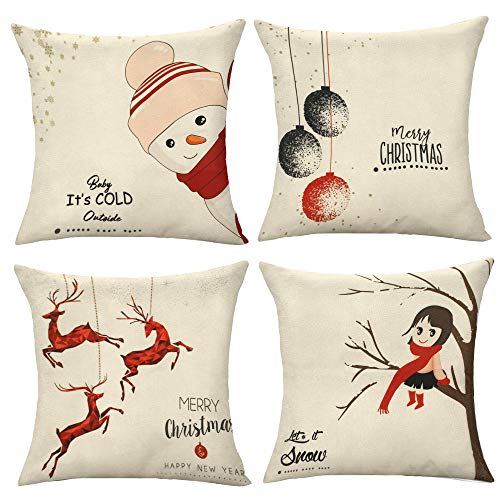 18x18 Christmas Throw Pillow Covers, Linen Pillow Cover Decorative Christmas Throw Pillow Cover for Couch Sofa Bed Chair Outdoor, 18x18 Set of 4, Home Decorations, Cotton Linen Material