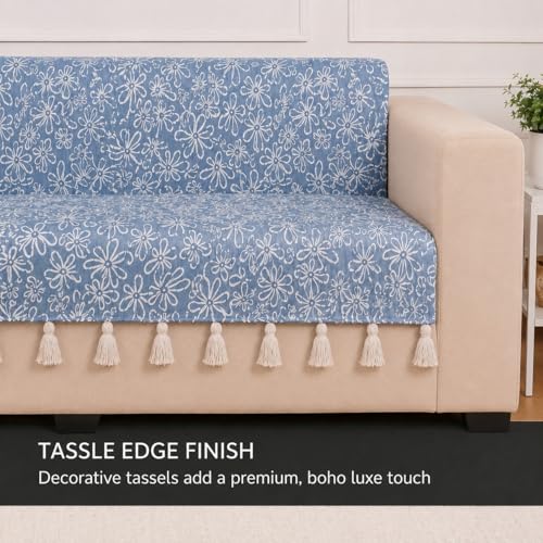 Image of STITCHNEST 'Verdant Phool Stories' 3 Seater Sofa Cover - Full Coverage| Elegant Jacquard Fabric, Decorative Tassels, Washable & Durable for Modern Living